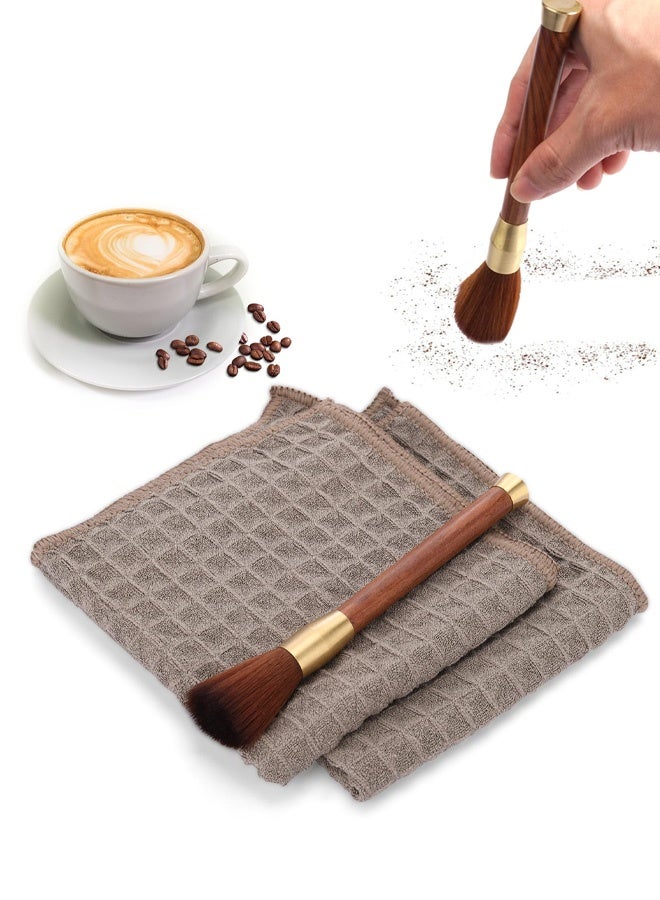 3 PCS Coffee Machine Brush Set, 1 Wooden Handle Espresso Cleaning Brush With 2 Cloths for Grinder and Accessories - Image 1